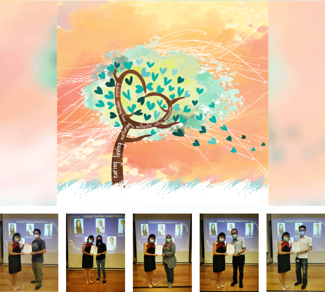 Caring Teacher Award 2022 ceremony with five pairs of people holding certificates, above a tree illustration with teal heart-shaped leaves.